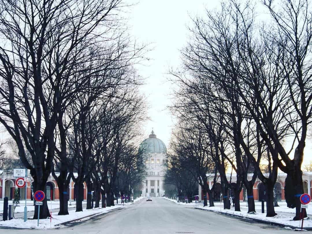 Blick auf die Karl-Borrom&auml;us-Kirche in Wien, mit kahlen B&auml;umen, einer verschneiten Stra&szlig;e und winterlicher Atmosph&auml;re